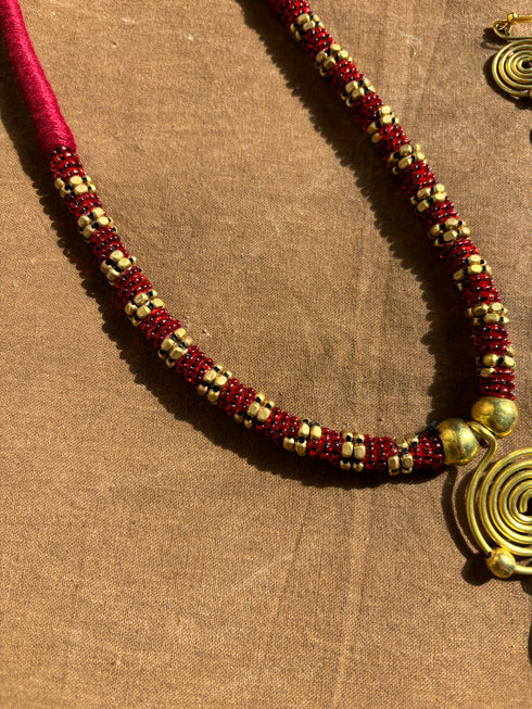 Red 3 Drop Dhokra Necklace